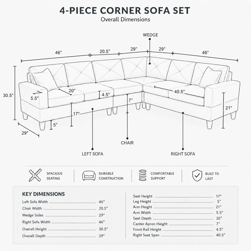 4-Piece Modular Sectional Sofa with Reversible Chaise and Toss Pillows, Light Gray