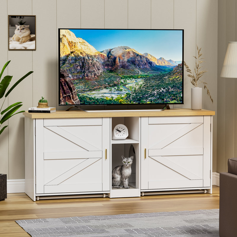 Hidden Cat Litter Box Enclosure & TV Stand for 2 Cats
