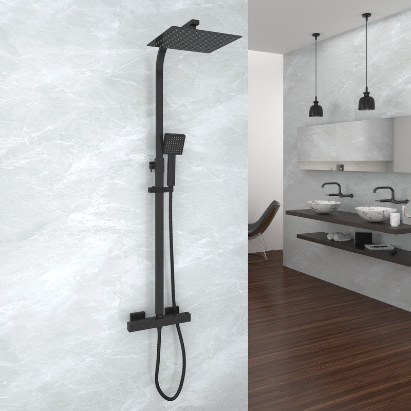 Chrome Rainfall Thermostatic Shower Mixer Set Square with Overhead & Handheld Shower Head, Black