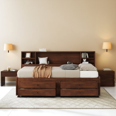 Full-Size Rustic Brown Wooden Captain's Bed With Built-In Storage Shelves, 4 Drawers And 2 Cabinets, Combining Practical Storage With Vintage Style.