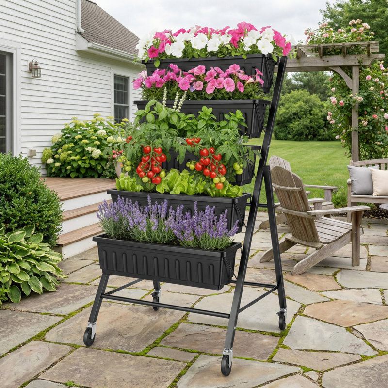 5-tier Vertical Garden Planter With Casters, Freestanding Raised Garden Bed With Drainage Hole, Elevated Planter Box For Herbs, Vegetables & Flowers, Space-saving Plant Stand