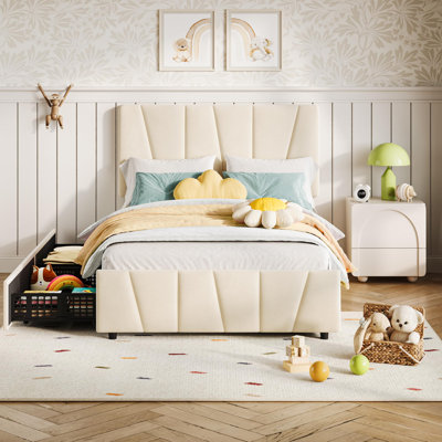 2 Set Twin Size Bed Frame with Adjustable Headboard and 2 Storage Drawers, Velvet Upholstered Tufted Twin Bed Frames with Wooden Slats Support, Bed Frame No Box Spring Needed, Beige