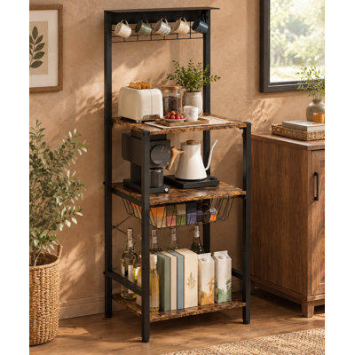 For compact kitchens, entryways, living rooms or cafés, this black 4-tier corner baker's rack provides a coffee maker stand and coffee bar station, plus a wire basket and 5 hooks; dimensions are 16.5" x 13" x 47.8".
