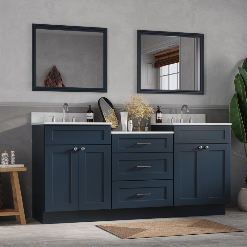 Plateau de meuble-lavabo double en bois massif avec tiroir à queue d'aronde et comptoir Carrara, Bleu, 73"