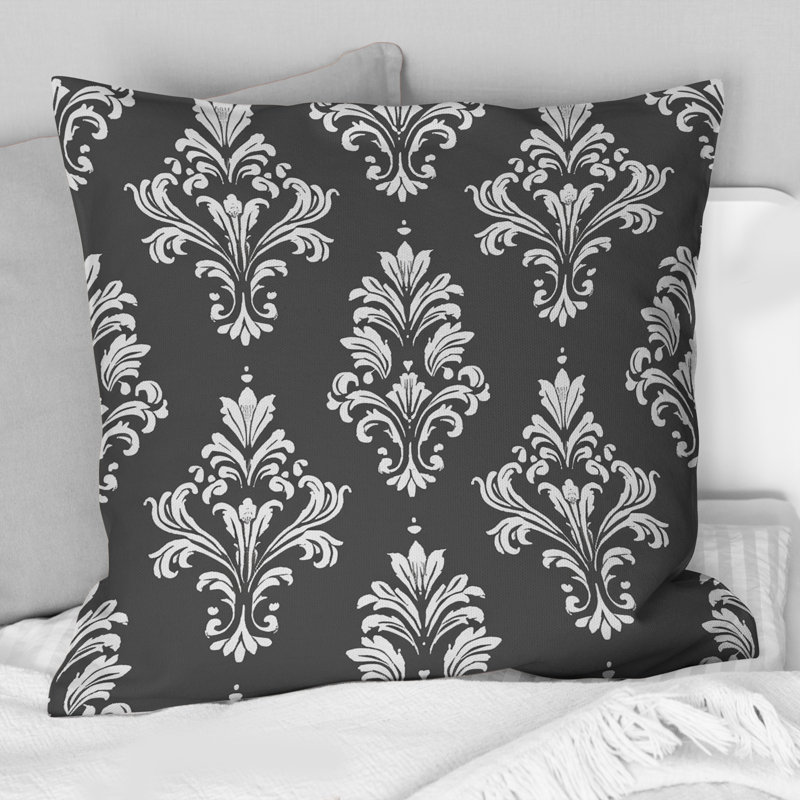 Motif damassé gris et blanc I - Coussin décoratif transitionnel, H 16 po x l 16 po