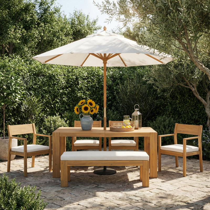 Keaton  6-Piece Rustic Patio Dining Set with Acacia Wood Table and Weather-Resistant Cushions, Light Teak