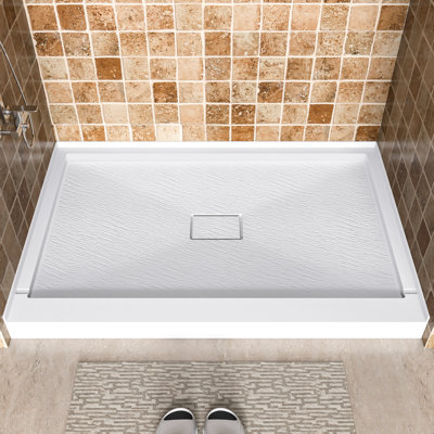 48" W x 32" D Solid Surface Single Threshold Shower Pan Base with Drain Cover Included, Textured Surface Slip-Resistant Shower Base Pan, White, Center Drain