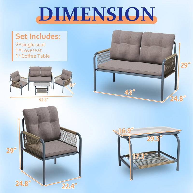 4-Piece Outdoor Rattan Patio Conversation Set, All-Weather Metal Frame Sofa Set with Glass Coffee Table & Removable Gray Cushions for Porch, Deck, Backyard