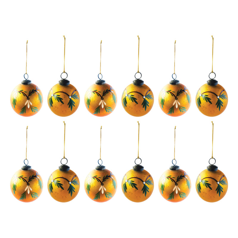 Large Hand-Painted Gold and Green Glass Ball Ornaments, Set of 12
