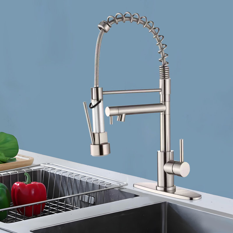 Kitchen Faucet With Pull Down Sprayer, Touch On Single Handle 2- Function Stainless Steel Spring Neck, Single Hole Installation For Residential, Commercial, RV, Bar & More, Brushed Nickel