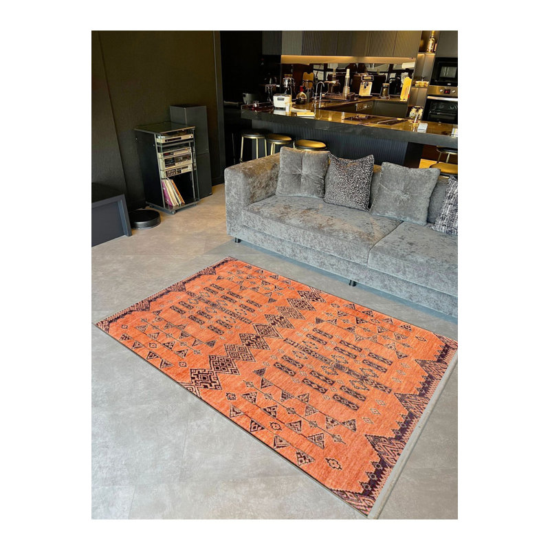 Tapis décoratif moderne orange lavable à la machine, Rectangle 2 pi 6 po x 4 pi 11 po