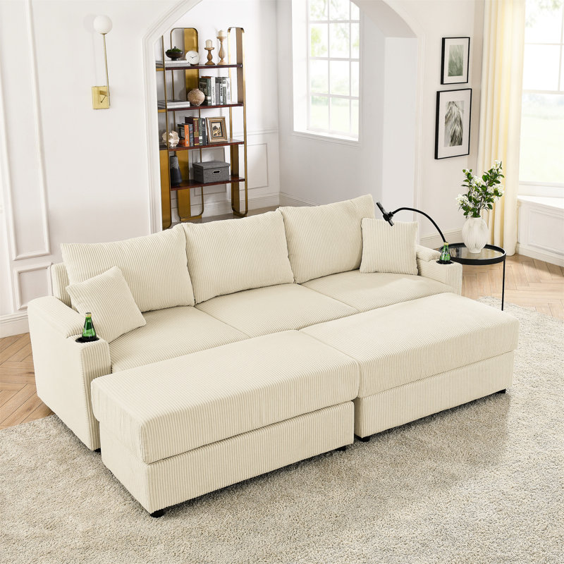 Lit moderne avec 2 repose-pieds et rangement - Velours côtelé beige, siège de 22,5 po, porte-gobelet et téléphone pour le canapé-lit en velours côtelé du salon, repose-pieds, siège profond