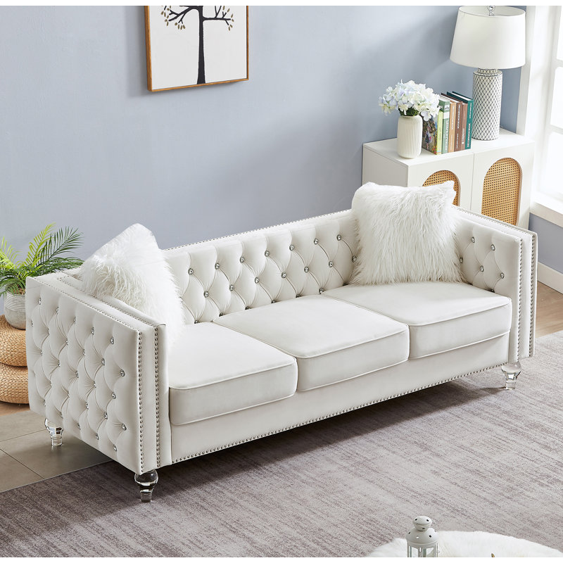 83" Velvet Square Arm Sofa, Beige Velvet