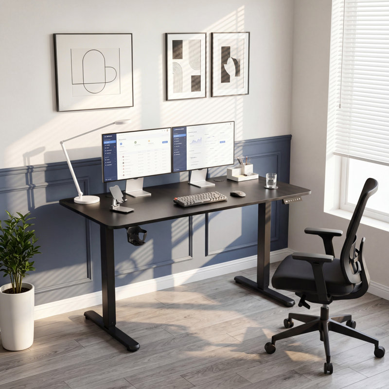 Modern Electric Adjustable Height Standing Desk with Built-In Accessories for Office Computer Desk, Black