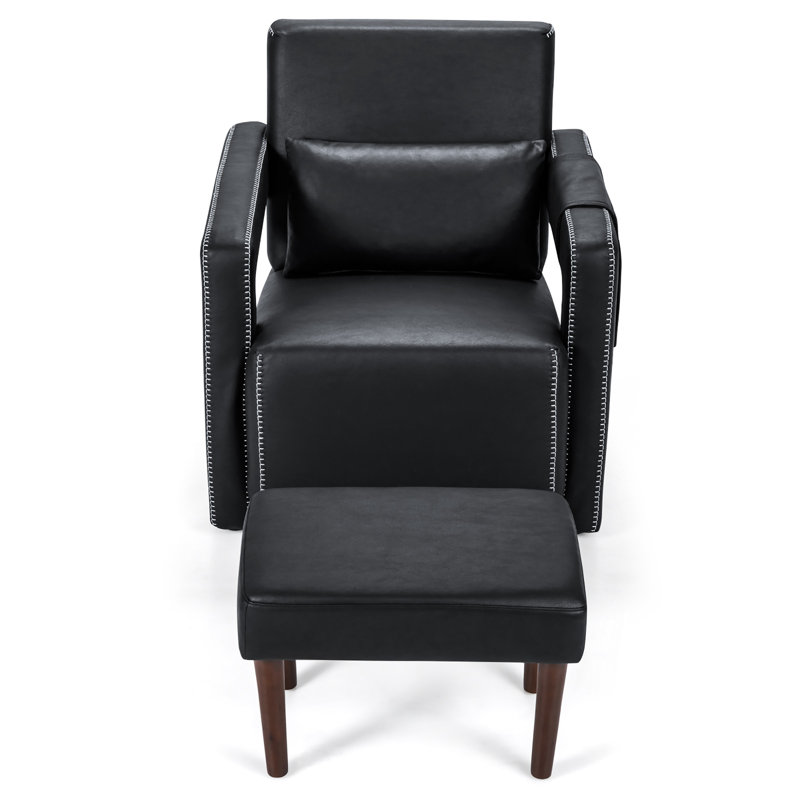 Aidenjohn Upholstered Armchair with Ottoman, Black Leathaire Fabric