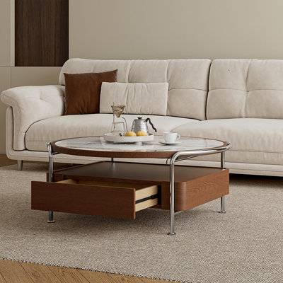 Table basse moderne en pierre frittée de 33,07 pouces avec cadre en acier inoxydable et tiroirs de rangement
