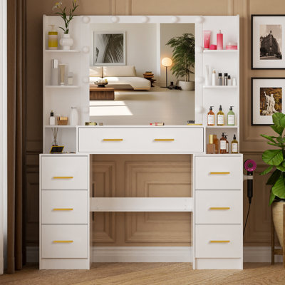 Makeup Vanity Desk With Large Mirror And Lights White Vanity Table With 7 Drawers And 6 Shelves For Women