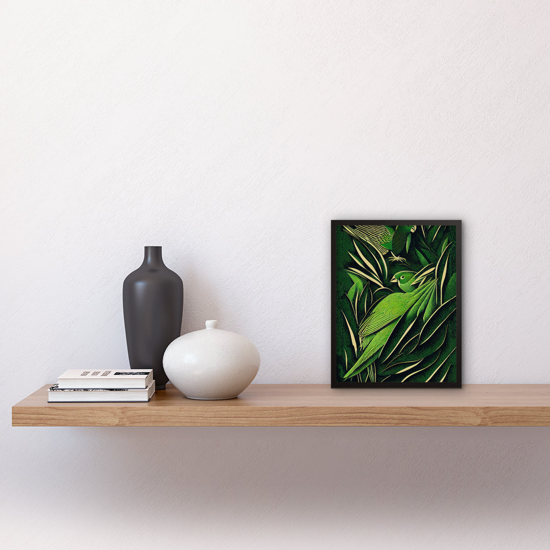 Green Retro Jungle Tropical Leaves Parrots - Single Picture Frame Print