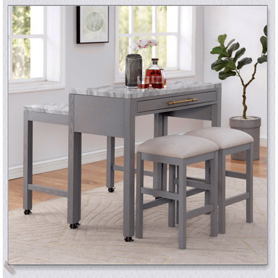 Ensemble de salle à manger à hauteur de comptoir rustique 5 pièces avec plateau en faux marbre, tiroir de rangement et 4 tabourets confortables au fini gris clair