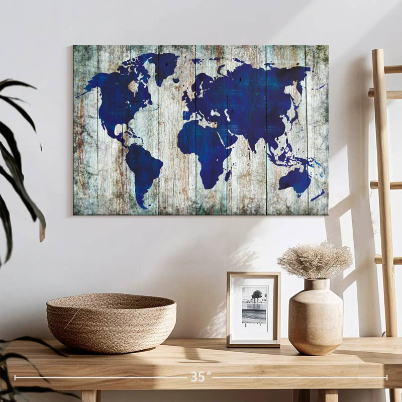 Carte du monde bleu Aliaz sur bois, H 16 po x l 24 po