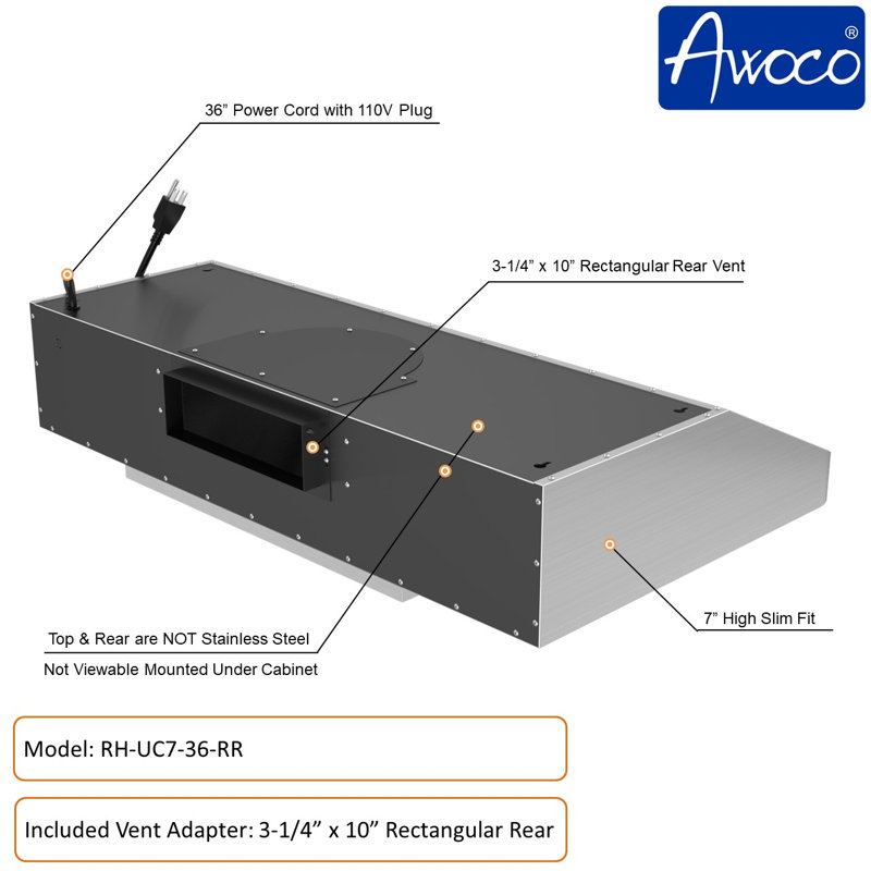 Hotte sous un meuble à conduit 36 pouces avec filtre à chicane et lumière incluse Awoco RH-UC7-36
