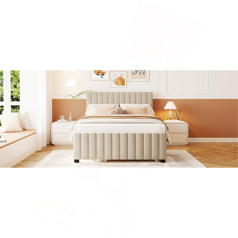 Lit plateforme double en velours avec lit gigogne, Beige