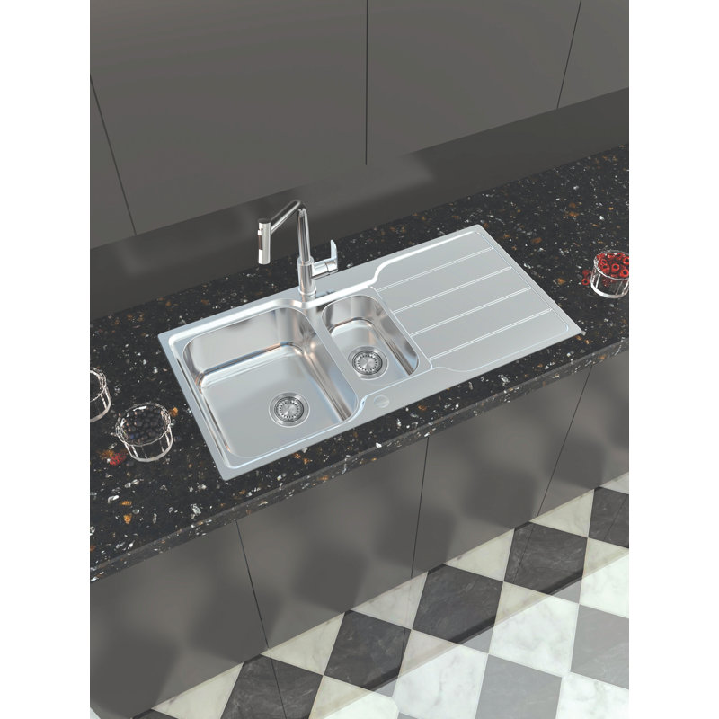 Ukinox 500mm W Double Bowl Stainless Steel Drop-In Kitchen Sink with 2 Faucet Holes