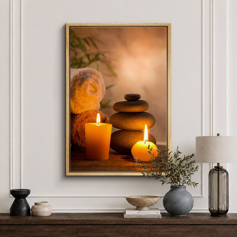 «Zen Stones Massage Spa with Warm Burning Candle», impression verticale sur toile, art mural, H 24 po x l 16 po