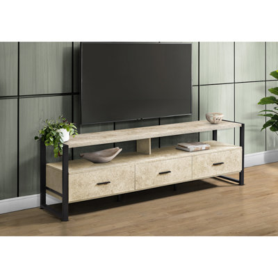 Meuble télé 72 po, meuble multimédia contemporain avec stratifié en pierre crème et métal noir. 2 tablettes ouvertes pour les appareils, 3 tiroirs de rangement sur glissières en métal. Fabrication solide, rapide