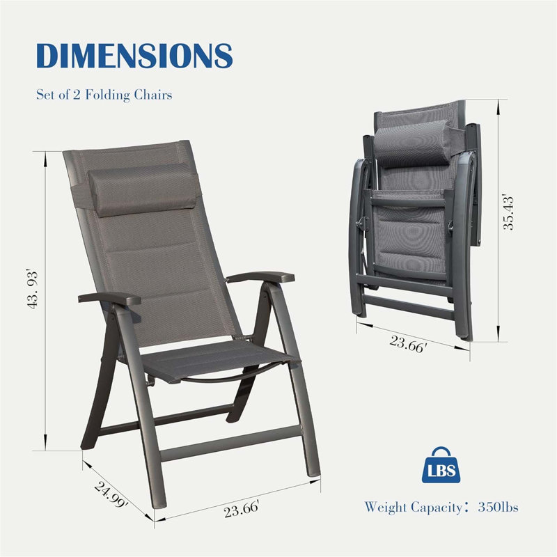 Ensemble de 2 chaises de patio pliantes en tissu textilène rembourré
