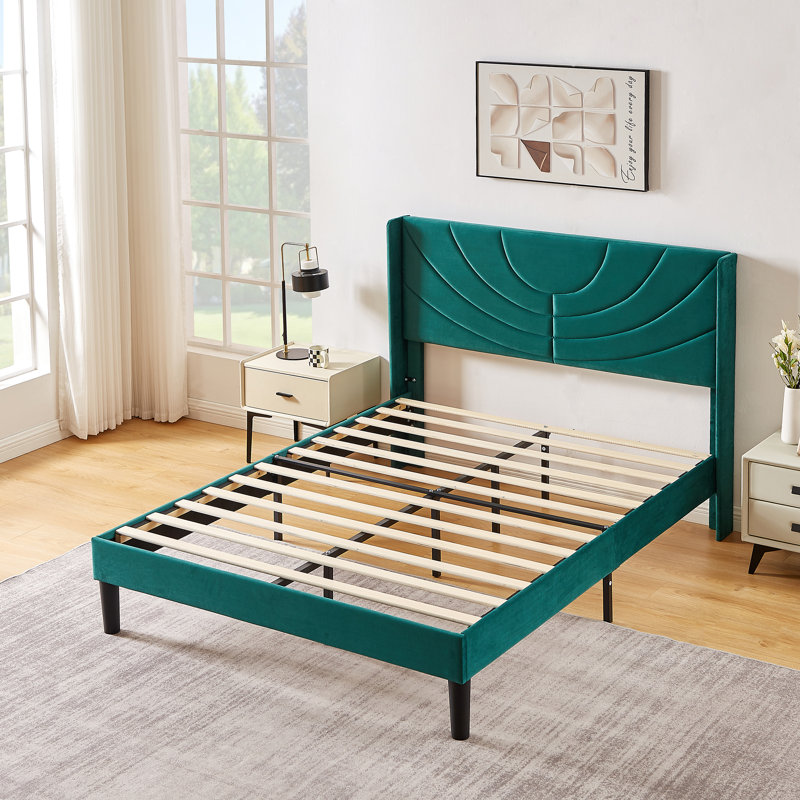 Full Size Velvet Bed Frame with Wingback Headboard, Upholstered Platform Bed with Wing Side Channel Tufted Headboard, Solid Wooden Slats Support, No Box Spring Needed, Noise Free, Dark Green