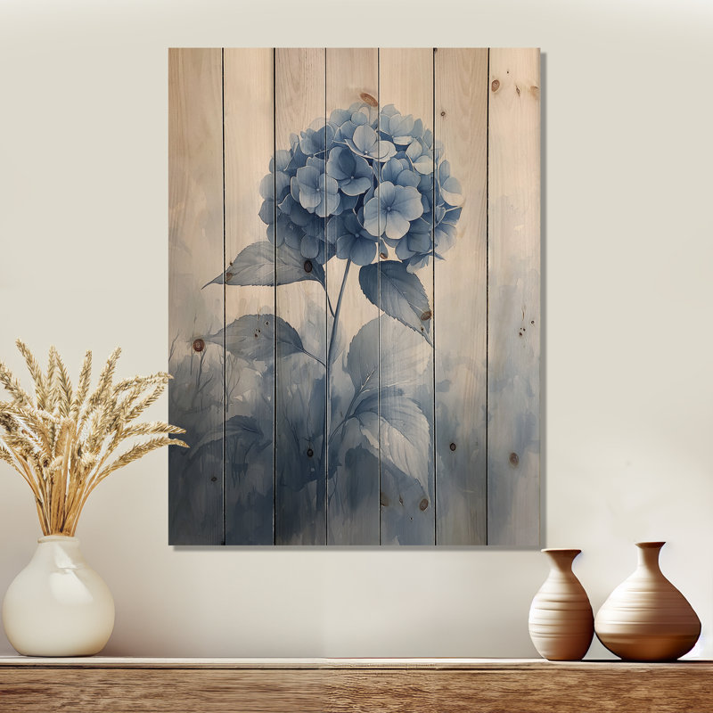 Blue Hydrangeas In The Mist Dream II - Hydrangea Wood Print - On Natural Pine Wood, 44" H x 34" W x 0.78" D