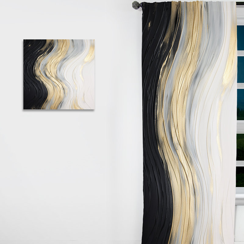Gold And Black Soft Wave Fusion IV - Shapes Curtain - Blackout Abstract Curtain - 1 Panels, 52" W x 90" L