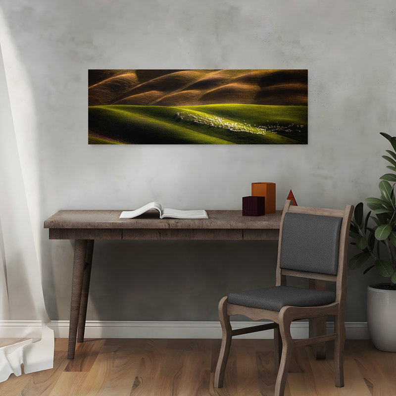 Sunlit Rolling Pastures Abstract Dramatic Peaceful Landscape Nature, art mural, H 12 po x l 36 po