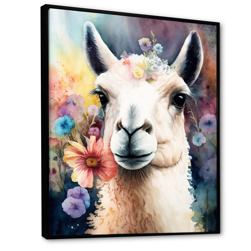 Portrait d'un lama avec des eurs, H 32 po x l 16 po x P 1 po, Cadre flottant noir