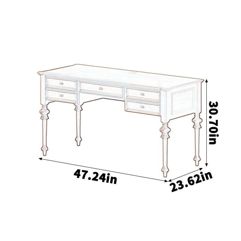 Un bureau en bois massif avec des pieds en forme de gourde, H 30,7 po x l 47,24 po x P 23,62 po