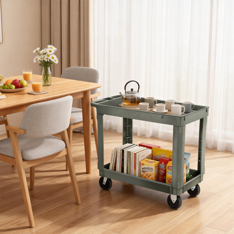 2-Shelf Utility Cart On Wheels, Plastic Rolling Tool Cart Service Cart For Warehouse Workshop Garage