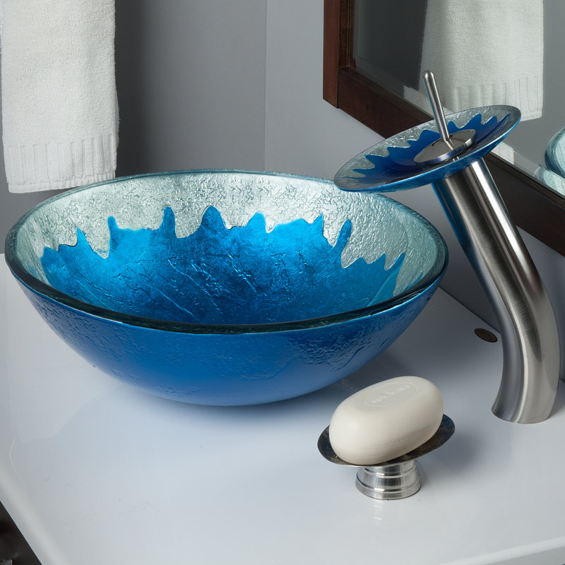 Lavabo de salle de bain circulaire en verre avec robinet diaccio, Nickel brossé