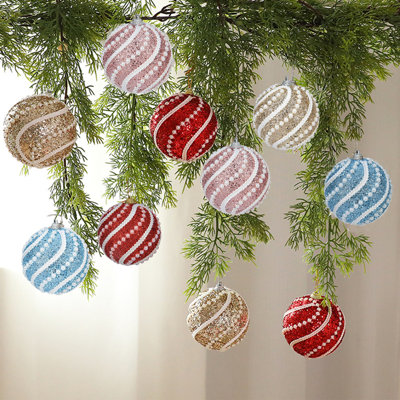 12 pièces de décorations d'arbre de Noël boule de Noël 3,15 pouces à rayures, décoration d'arbre de flocon de neige pour la maison intérieur extérieur, rouge