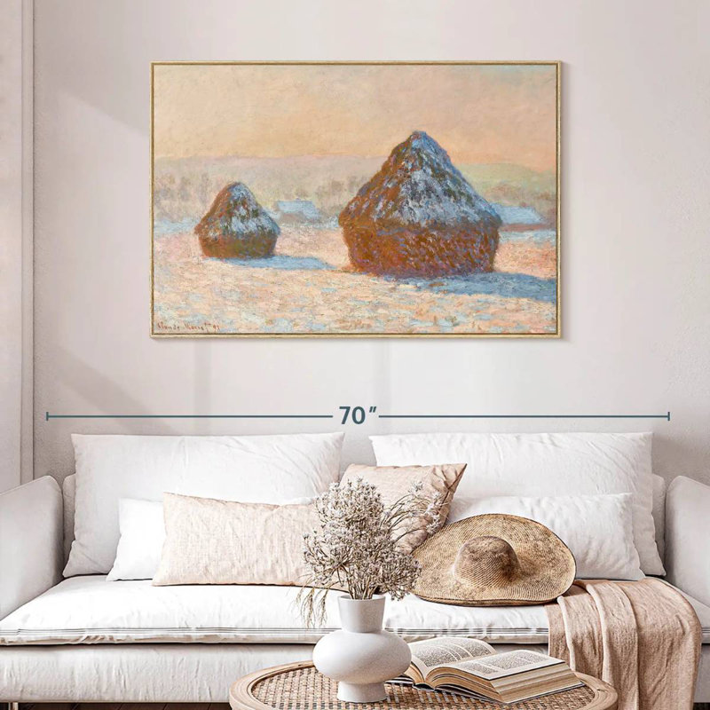 Wheatstacks Snow Effect Morning 1891, Cadre flottant en bois naturel, 46 po x 31 po
