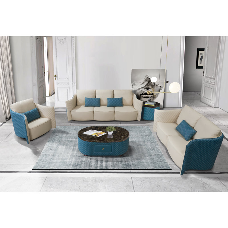Makassar Armchair, Off White/Blue Genuine Leather