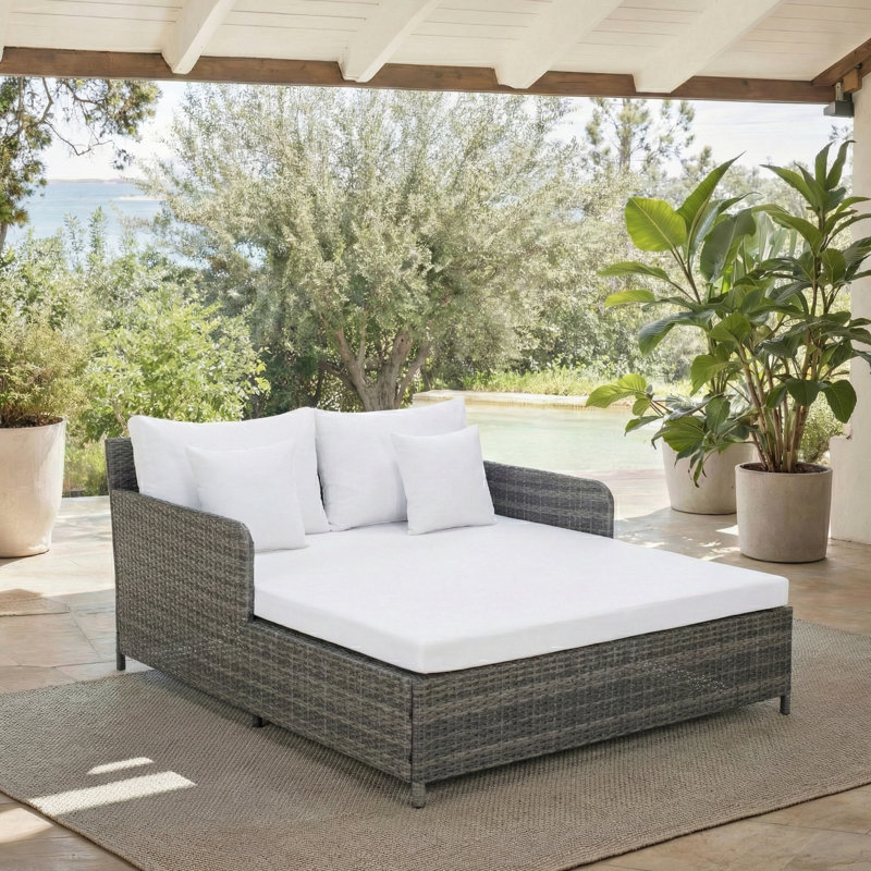 Cadeo 53.1'' Wide Straight Wicker Patio Daybed with Cushions, Gray Frame/White Cushion