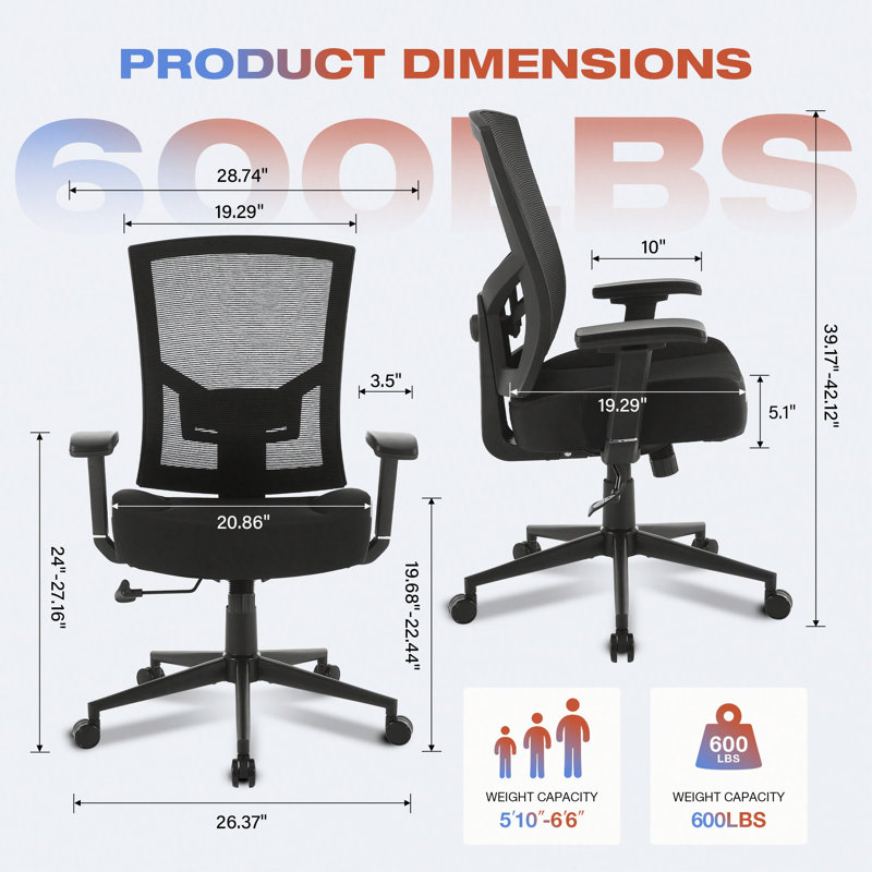 Chaise de bureau ergonomique en filet avec support lombaire réglable, capacité de 600 lb, grande et haute