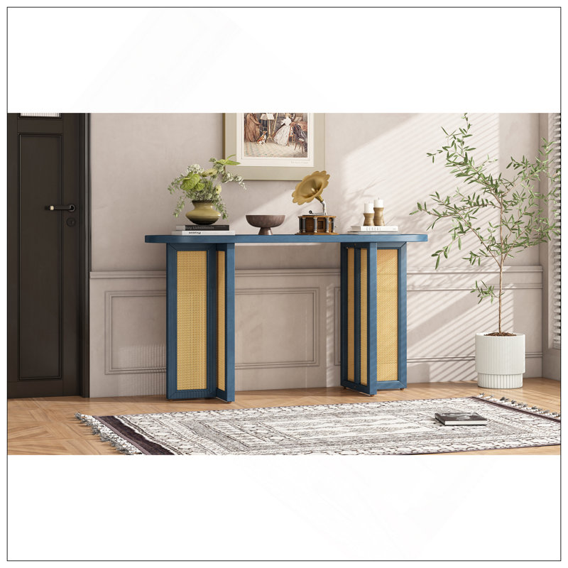 Console d'entrée en rotin de style campagnard, console étroite avec rangement, table de couloir pour le salon, entrée (bleu marine)