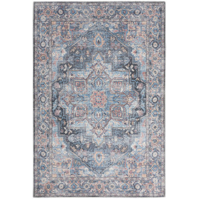 Medallion Machine Washable Polyester Area Rug in Light Blue/Orange/Gray