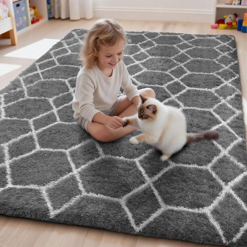 Rectangle Shaggy Washable Area Rug, Grey;White, Rectangle 140 x 200 cm
