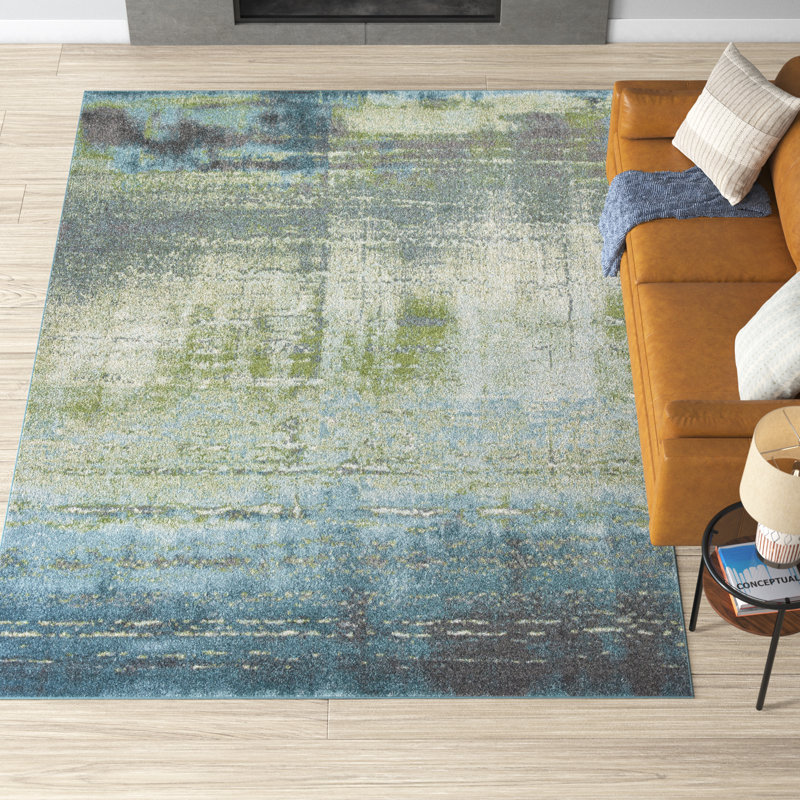 Tapis bleu / vert mousse Leonidas, Rectangle 7 pi 10 po x 10 pi 10 po