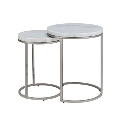 Matzen Contemporary Nesting Table Set with Natural Marble Top in Nickel