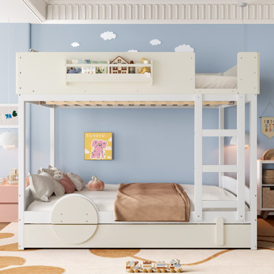 Grand lit superposé avec lit gigogne, lit superposé en bois pour enfants avec bibliothèque et garde-corps, blanc et beige