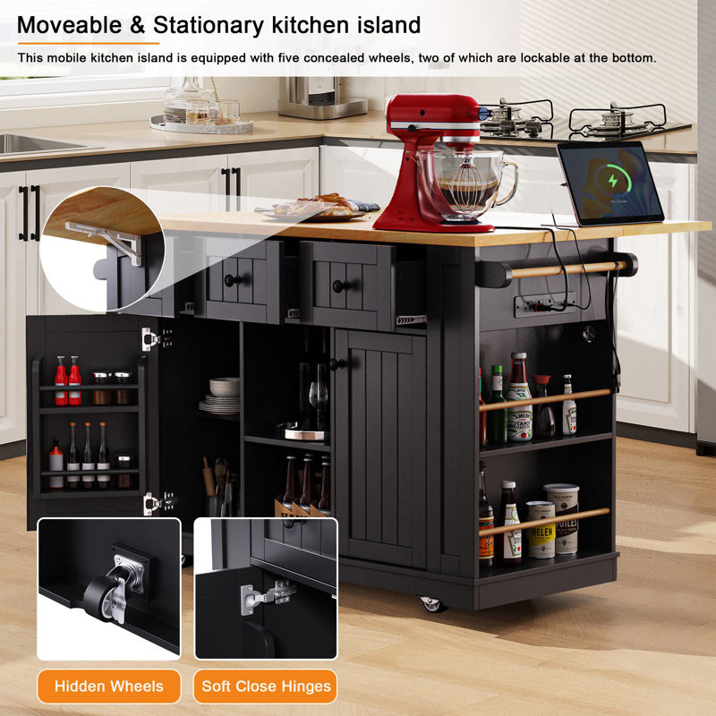 Allycia 53'' Kitchen Island With Drop Leaf, Black